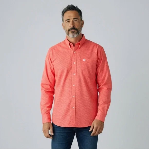 Cinch Shirt Red Orange Hexagon Geometric Button Down Western Rodeo Men’s Small - Picture 10 of 10
